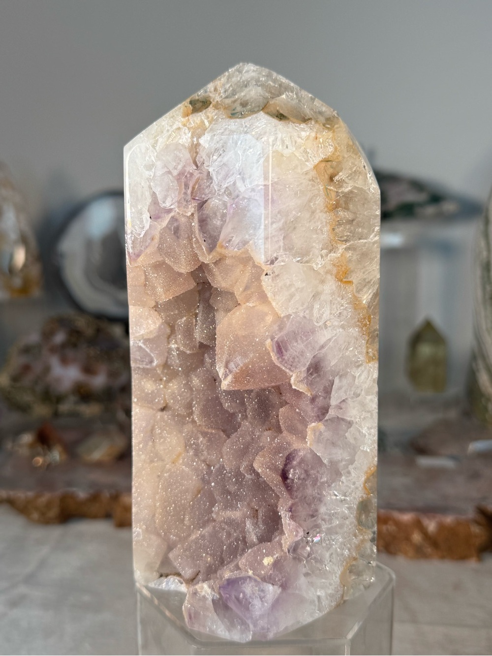 Sugar Druzy Amethyst Agate Tower – 6.5” Natural Crystal Tower | Druzy Sparkle | - Picture 4 of 15